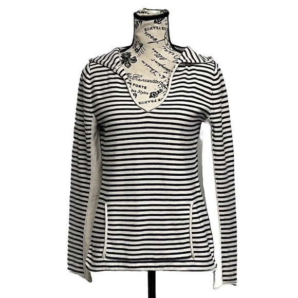 Roxy Striped V neck Hooded Sweater Nautical Preppy Coastal Beach Boho L Womens - Picture 1 of 9